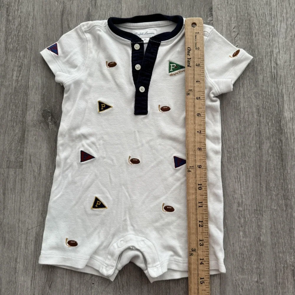 Polo Ralph Lauren Romper Boys 6-9 Months White Football Pennant One-Piece